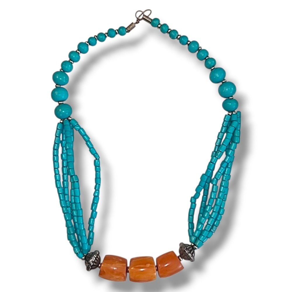 Vintage Butterscotch Amber Bead Necklace Turquoise colored Beads Boho 22"